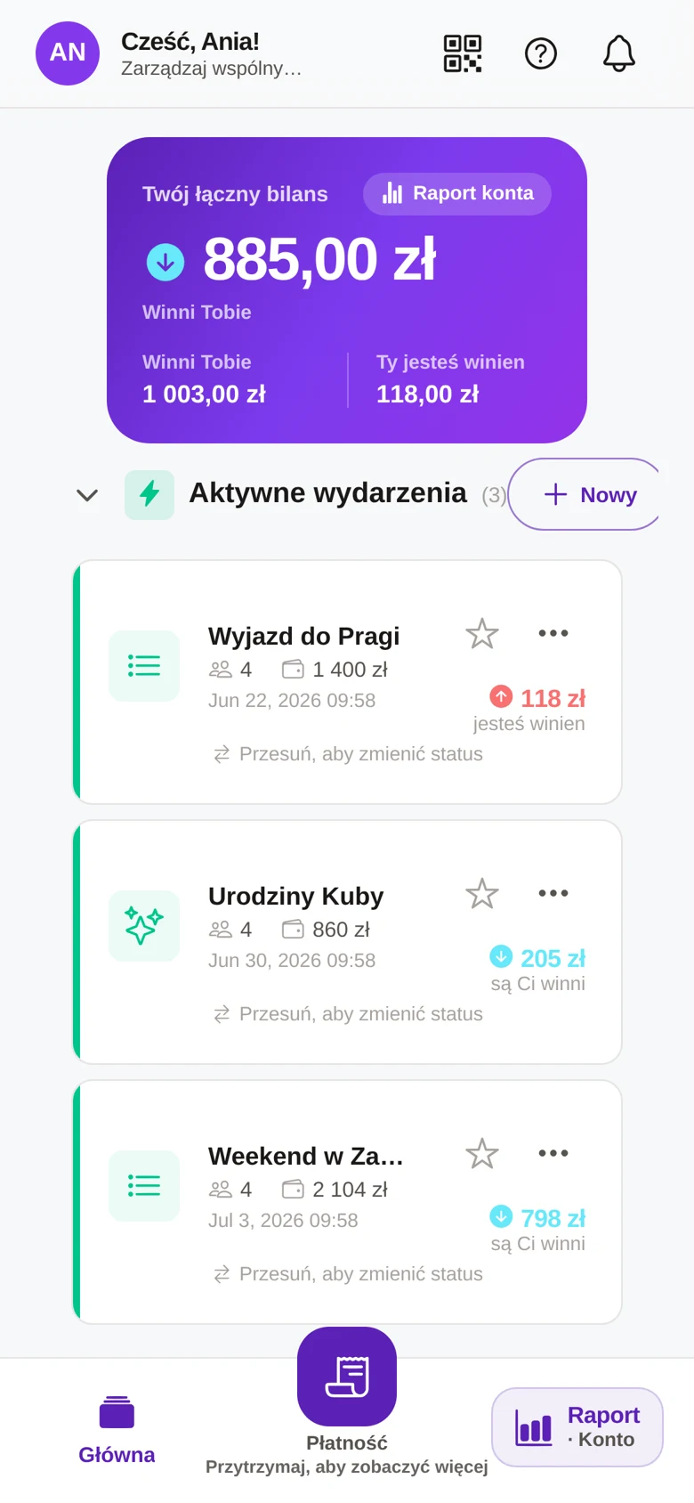 SplitFlow — ekran główny z bilansem