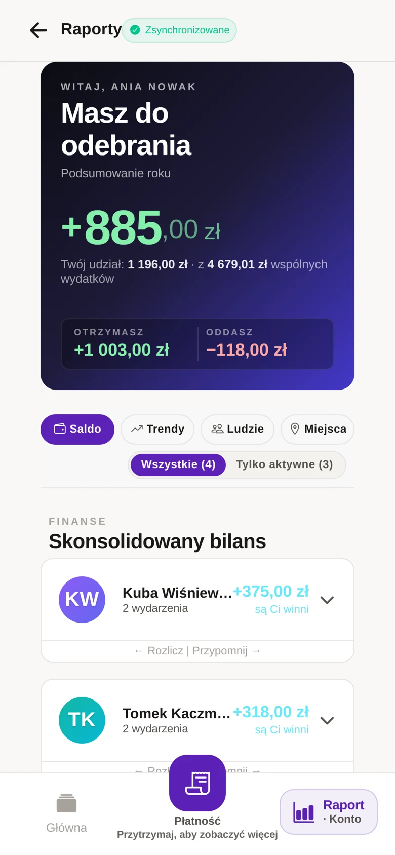 Raport konta — bilans przekrojowy przez wszystkie wydarzenia