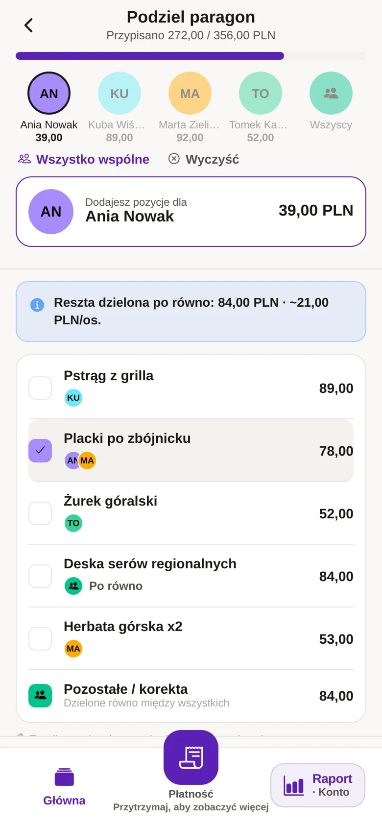 Podziel paragon — przypisywanie pozycji do osób